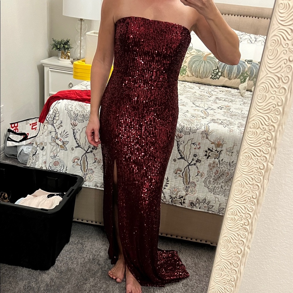 Lulus Red strapless Sequin Maxi dress with slit